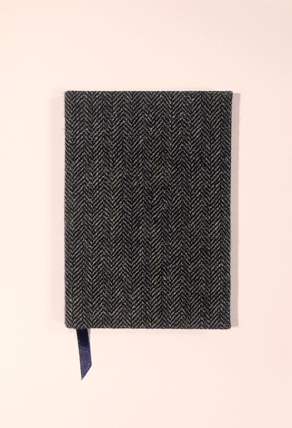 A5 Fabric Covered Navy Herringbone Wool Plain Page Notebook